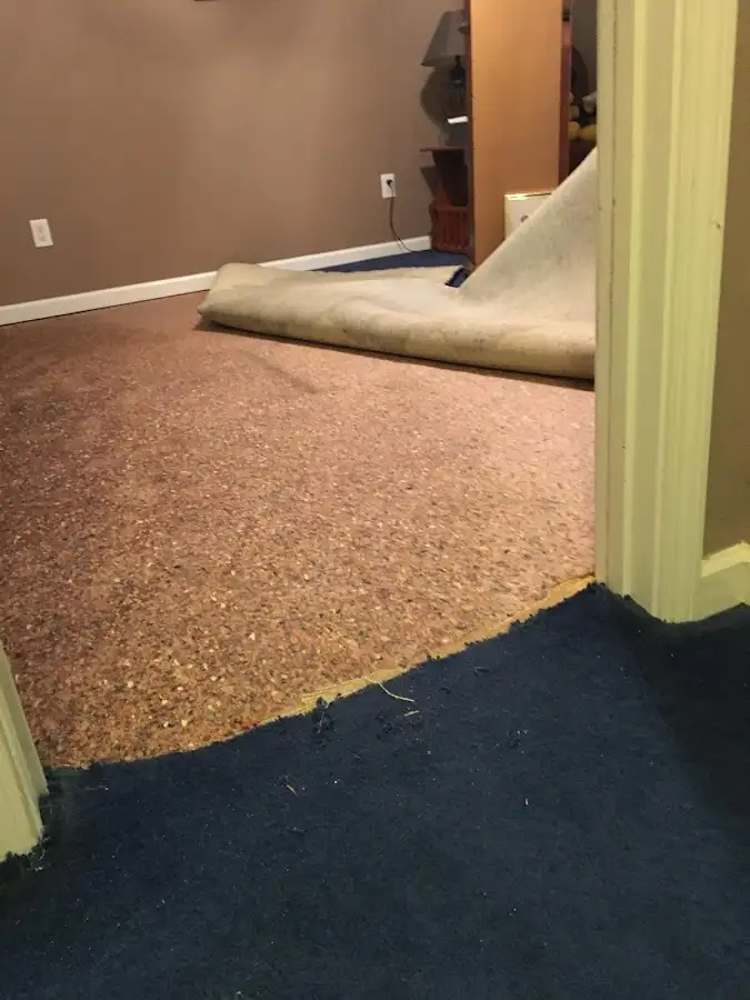 Carpet pad removal revealing water damage during Water Mitigation Services in Porterville
